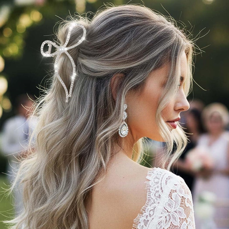 CAKURE Bow Claw Clips Gold Rhinestone Hair Clips Large Nonslip Hair Claws Sparkly Hair Accessories for Women (Pack of 2) (a-gold&silver) - Image 3